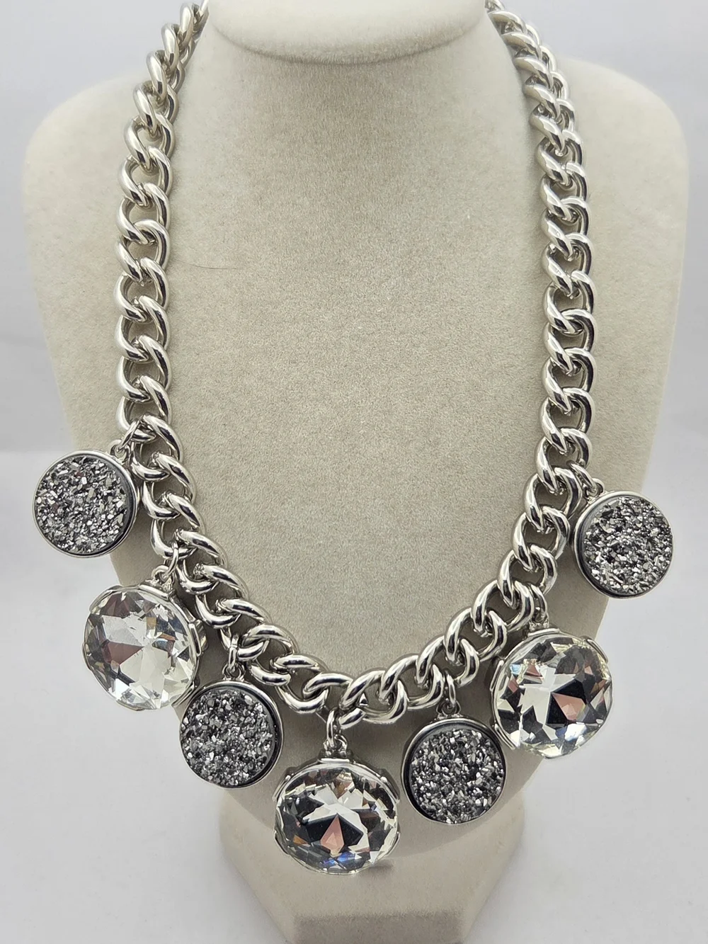 Chico's Silver Tone Chunky Chain Statement Necklace Faux Druzy Crystal 20